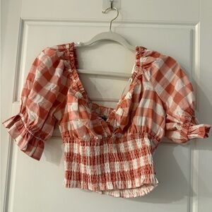 Aqua Coral and White Checkered Ruffle Blouse
